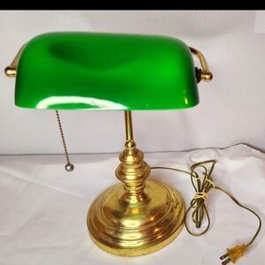 Vintage Brass Emeralite-Style Bankers Lamp with Green Glass Shade